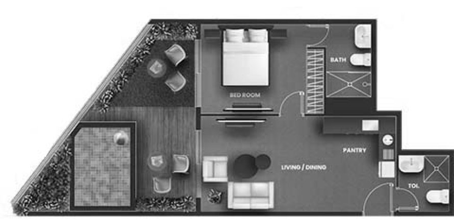 Plano de Apartamento de 1 dormitorio «1BR-3» en VINCITORE AQUA FLORA