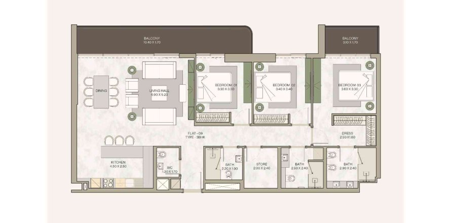 Plano de Apartamento de 3 dormitorios «3BR» en HELVETIA