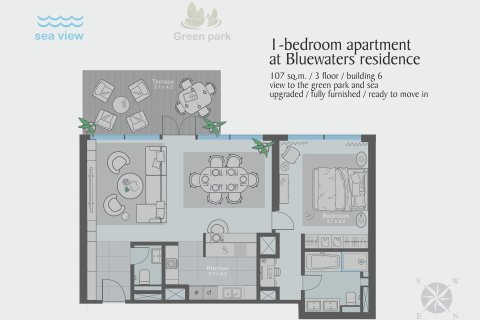 Appartement à Bluewaters Residences, Bluewaters, Dubai, 1 chambre, 107 m², № 10435