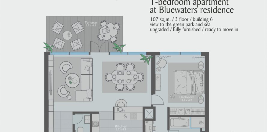 Appartement à Bluewaters Residences, Bluewaters, Dubai, 1 chambre, 107 m², № 10435