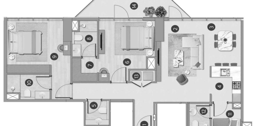 Квартира в Flora Shore Beachfront Residences в Дубае, 2 спальни, 119.3м², № 59996