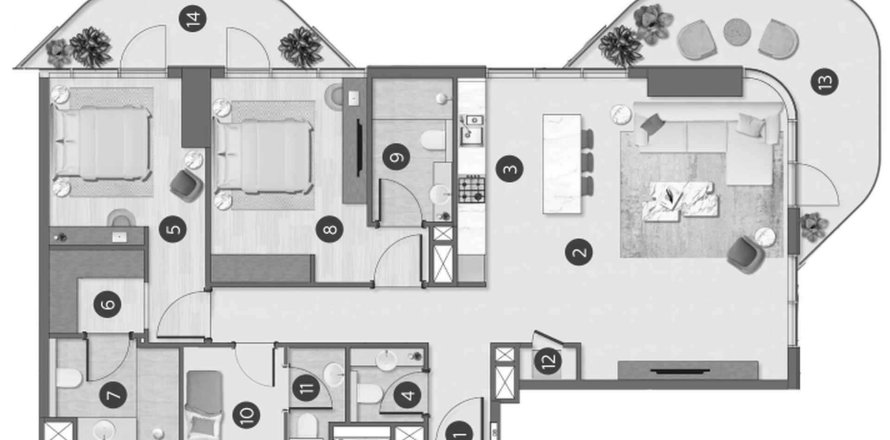 Квартира в Flora Shore Beachfront Residences в Дубае, 2 спальни, 119.3м², № 59997